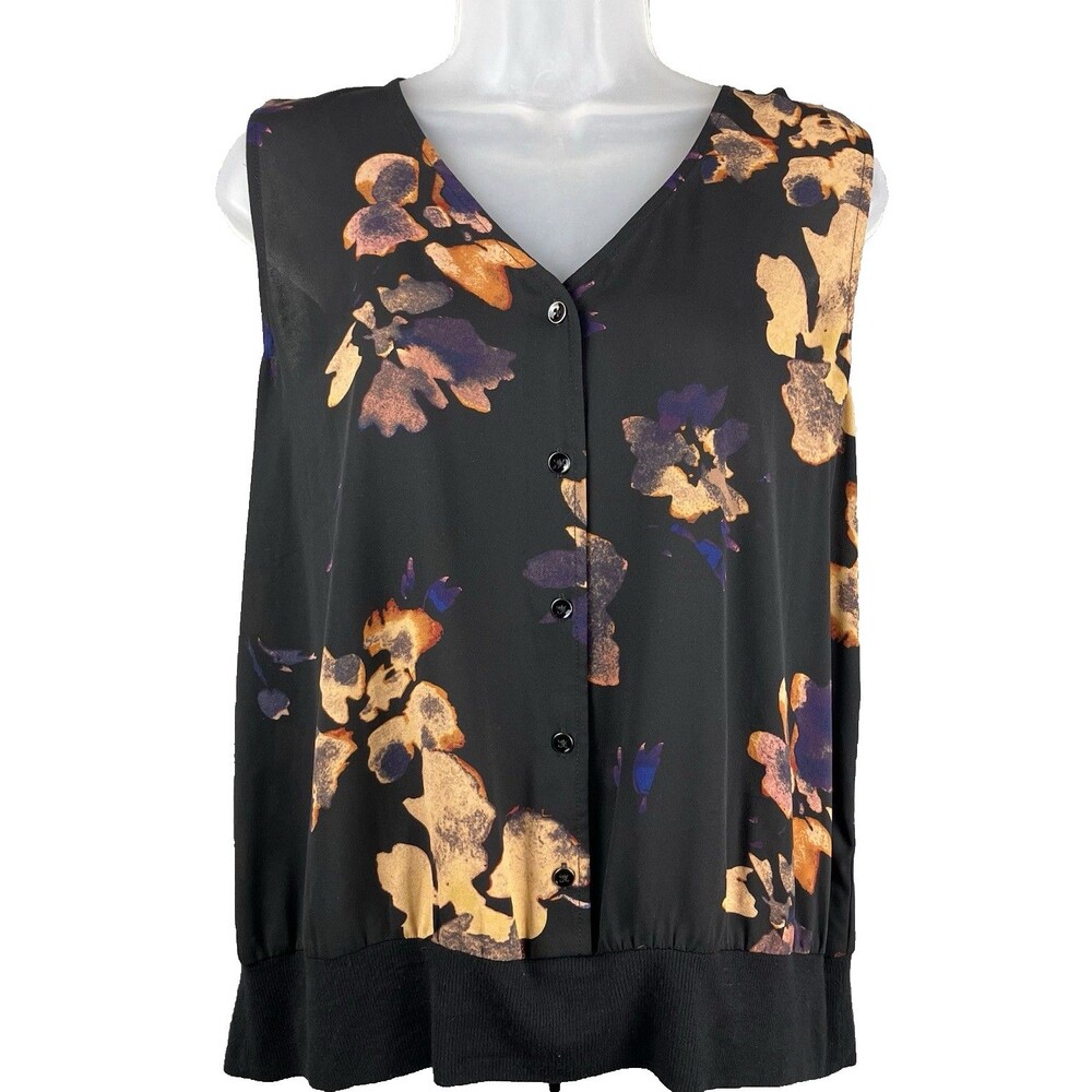 Cabi V-Neck Blouson Pullover Sleeveless Top M Watercolor Floral Chiffon & Rayon
